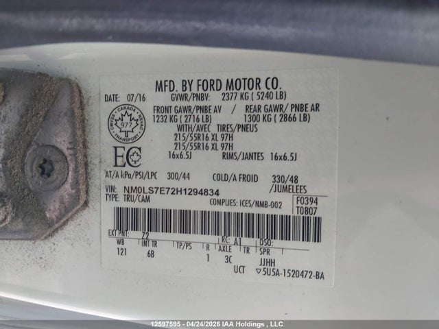 12597595 :رقم المزاد ، NM0LS7E72H1294834 vin ، 2017 Ford Transit Connect Xl مزاد بيع