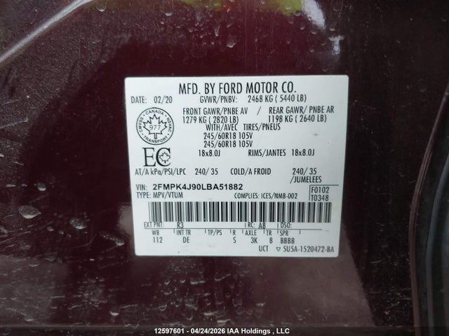 Продажа на аукционе авто 2020 Ford Edge Sel, vin: 2FMPK4J90LBA51882, номер лота: 12597601