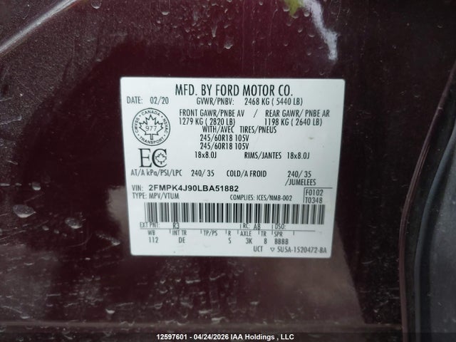 Продажа на аукционе авто 2020 Ford Edge Sel, vin: 2FMPK4J90LBA51882, номер лота: 12597601