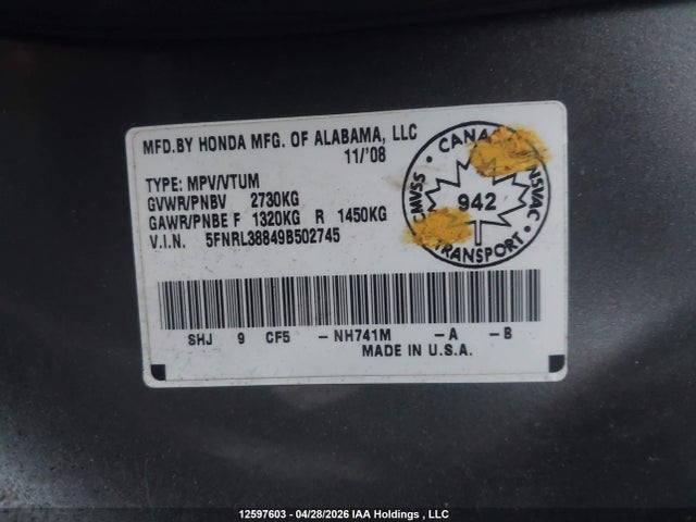 Aukcja sprzedaży 2009 Honda Odyssey Touring, vin: 5FNRL388498502745, numer aukcji: 12597603