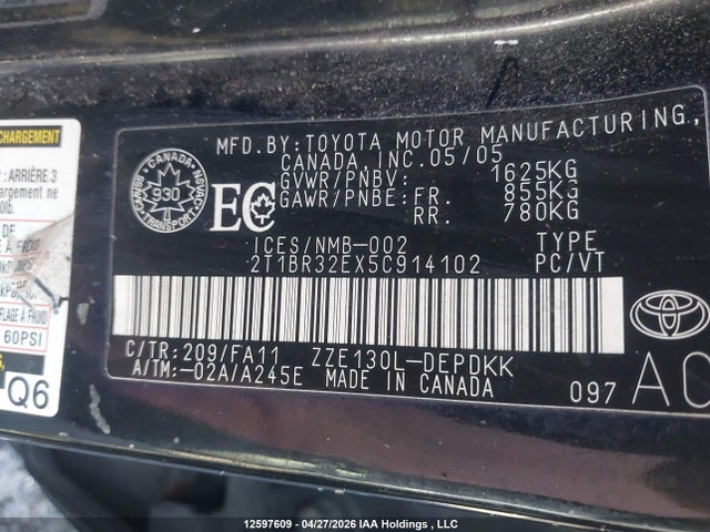 12597609 :رقم المزاد ، 2T1BR32EX5C914102 vin ، 2005 Toyota Corolla مزاد بيع