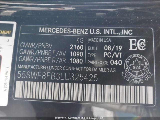 Aukcja sprzedaży 2020 Mercedes-benz C 300 4matic, vin: 55SWF8EB3LU325425, numer aukcji: 12597612