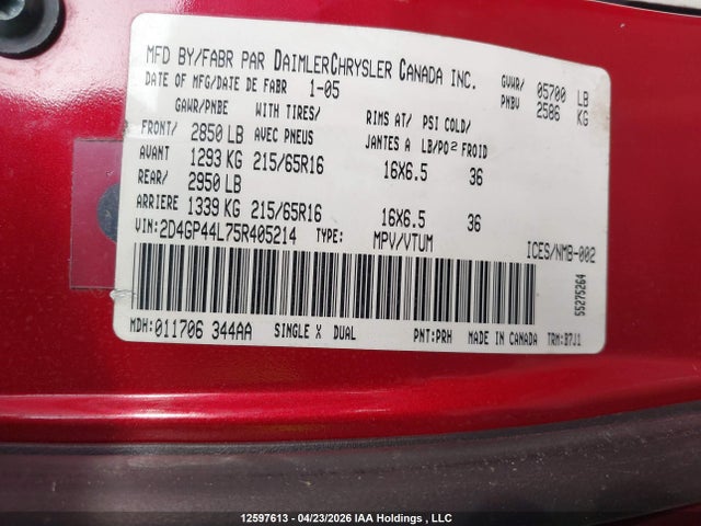 Продажа на аукционе авто 2005 Dodge Caravan, vin: 2D4G044L754405214, номер лота: 12597613