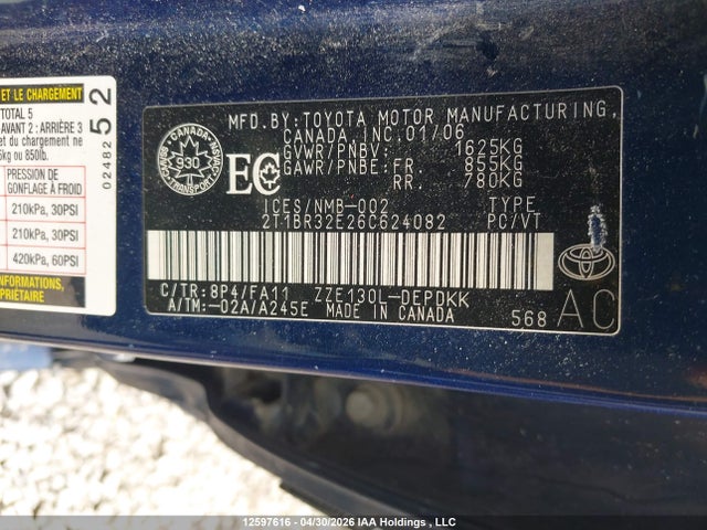 12597616 :رقم المزاد ، 2T1BR32E26C624082 vin ، 2006 Toyota Corolla Ce/le/sport مزاد بيع