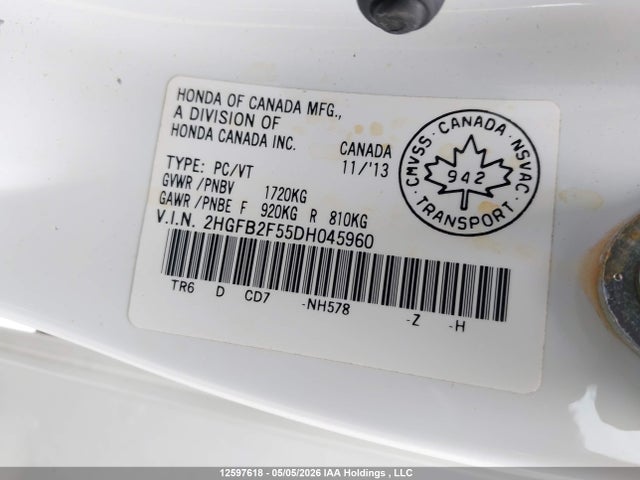 12597618 :رقم المزاد ، 2HGFB2F55DH045960 vin ، 2013 Honda Civic Lx مزاد بيع