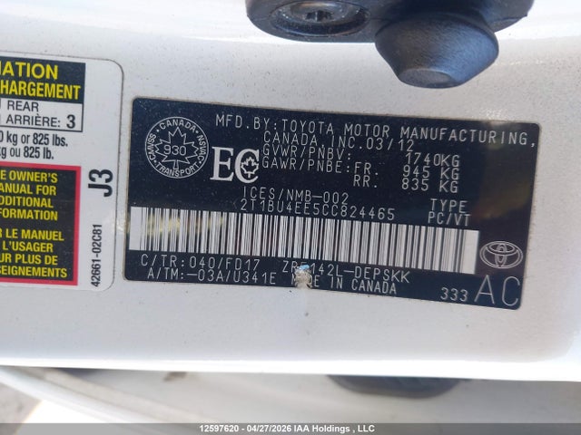 12597620 :رقم المزاد ، 2T1BU4EE5CC824465 vin ، 2012 Toyota Corolla S/le مزاد بيع