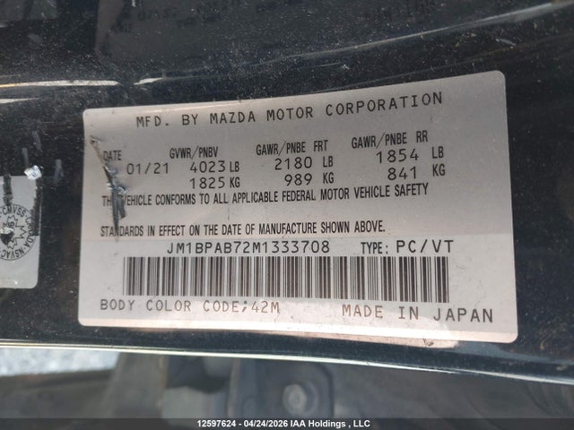 Aukcja sprzedaży 2021 Mazda Mazda3 Gx, vin: JM1BPAB72M1333708, numer aukcji: 12597624