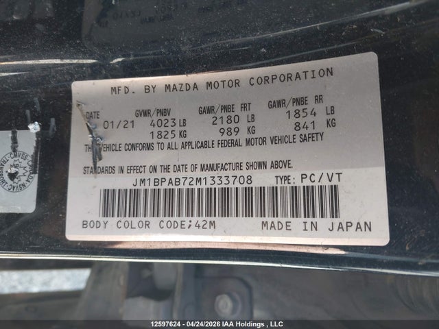 Aukcja sprzedaży 2021 Mazda Mazda3 Gx, vin: JM1BPAB72M1333708, numer aukcji: 12597624