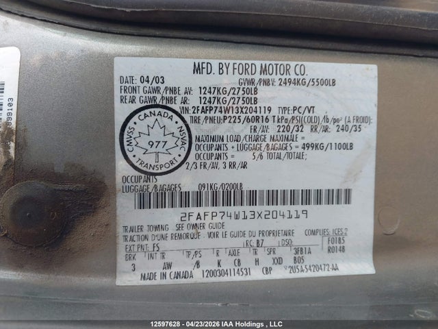 Продажа на аукционе авто 2003 Ford Crown Victoria Lx, vin: 2FAFP74W13X204119, номер лота: 12597628