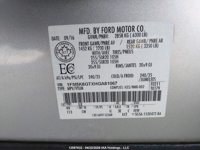 1FM5K8GTXHGA81067 Ford EXPLORER SPORT
