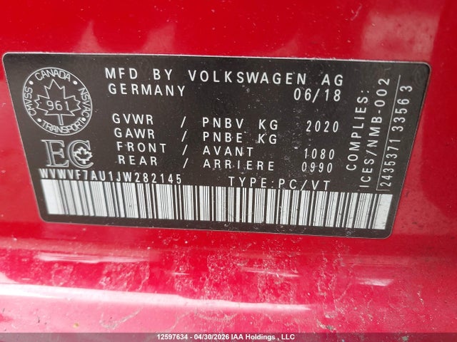 WVWVF7AU1JW282145 Volkswagen Golf R