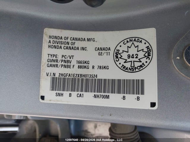 Aukcja sprzedaży 2011 Honda Civic Dx, vin: 2HGFA1E2XBH013524, numer aukcji: 12597640