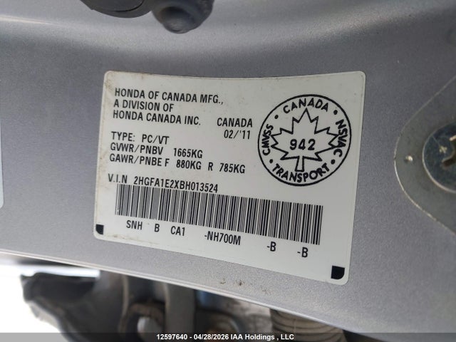 Aukcja sprzedaży 2011 Honda Civic Dx, vin: 2HGFA1E2XBH013524, numer aukcji: 12597640