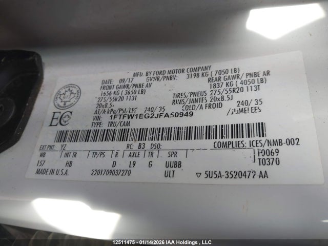 1FTFW1EG2JFA50949 Ford F-150 Lariat