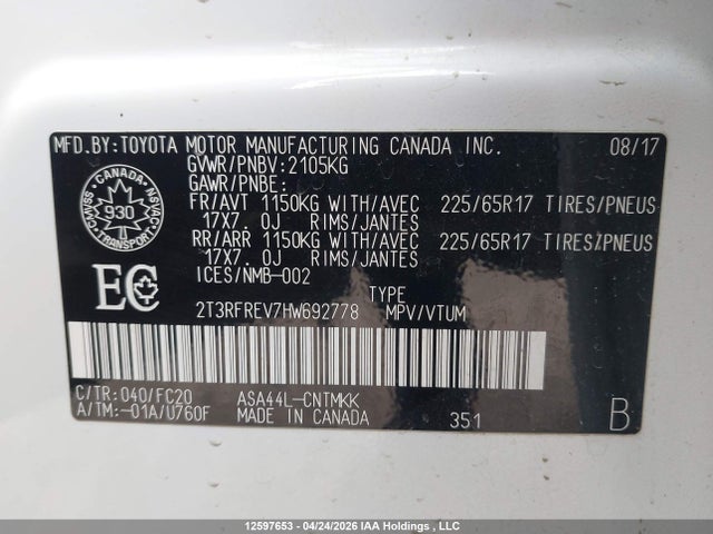 2017 Toyota Rav4 Xle მანქანა იყიდება აუქციონზე, vin: 2T3RFREV7HW692778, აუქციონის ნომერი: 12597653