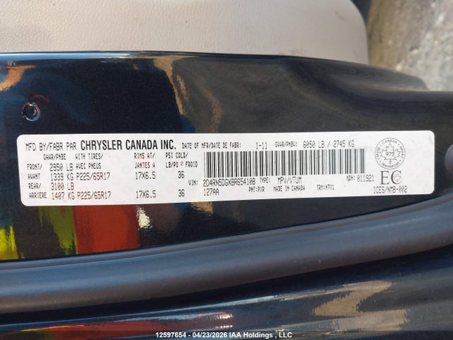 12597654 :رقم المزاد ، 2D4RN5DGXBR654108 vin ، 2011 Dodge Grand Caravan Crew مزاد بيع