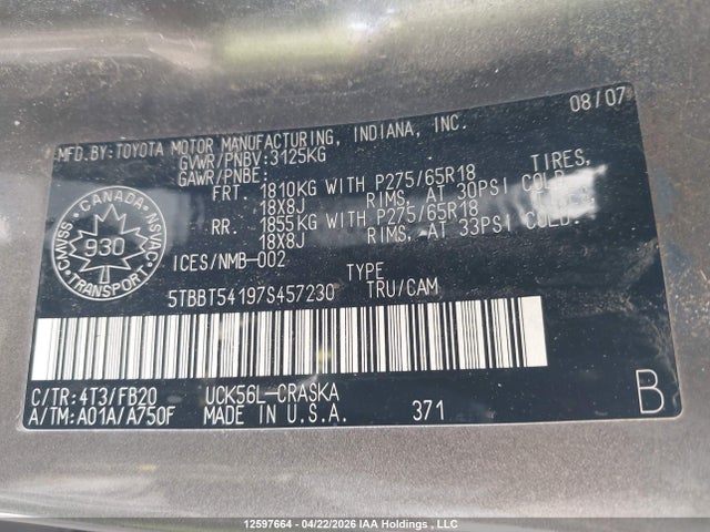 2007 Toyota Tundra Sr5 4.7l V8 მანქანა იყიდება აუქციონზე, vin: 5TBBT54197S457230, აუქციონის ნომერი: 12597664