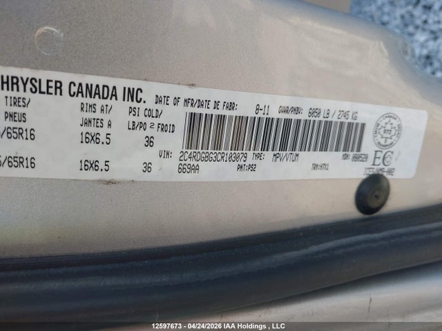 12597673 :رقم المزاد ، 2C4RDGBG3CR103079 vin ، 2012 Dodge Grand Caravan Se/sxt مزاد بيع