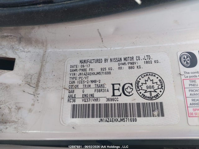12597681 :رقم المزاد ، JN1AZ4EHXJM571699 vin ، 2018 Nissan 370z Nismo/sport/touring Sport مزاد بيع