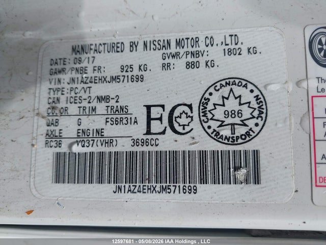 12597681 :رقم المزاد ، JN1AZ4EHXJM571699 vin ، 2018 Nissan 370z Nismo/sport/touring Sport مزاد بيع