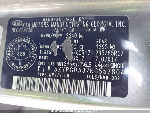 5XYPGDA37KG557804 KIA Sorento 2.4l Lx