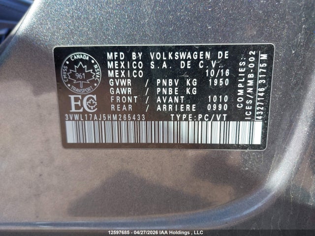 2017 Volkswagen Jetta Sel/sel Premium მანქანა იყიდება აუქციონზე, vin: 3VWL17AJ5HM265433, აუქციონის ნომერი: 12597685
