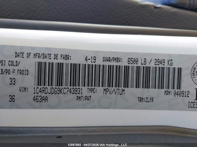 Aukcja sprzedaży 2019 Dodge Durango Gt, vin: 1C4RDJDG9KC743931, numer aukcji: 12597692