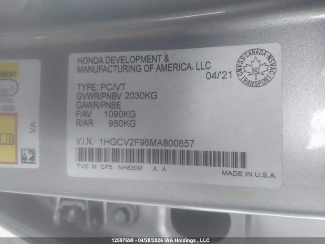 Продажа на аукционе авто 2021 Honda Accord Touring, vin: 1HGCV2F96MA800657, номер лота: 12597698