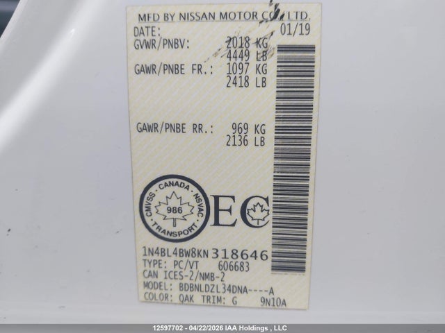 Продаж на аукціоні авто 2019 Nissan Altima S, vin: 1N4BL4BW8KN318646, номер лоту: 12597702