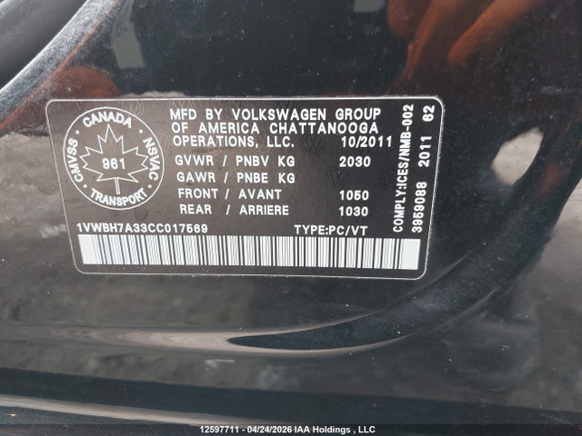 Продажа на аукционе авто 2012 Volkswagen Passat 2.5l Comfortline, vin: 1VWBH7A33CC017569, номер лота: 12597711