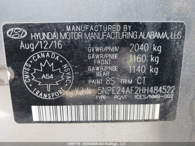 2017 Hyundai Sonata Se მანქანა იყიდება აუქციონზე, vin: 5NPE24AF2HH484522, აუქციონის ნომერი: 12597719
