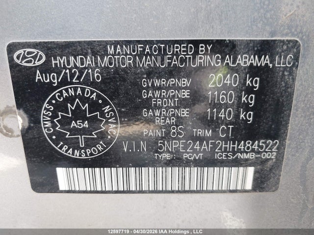 2017 Hyundai Sonata Se მანქანა იყიდება აუქციონზე, vin: 5NPE24AF2HH484522, აუქციონის ნომერი: 12597719