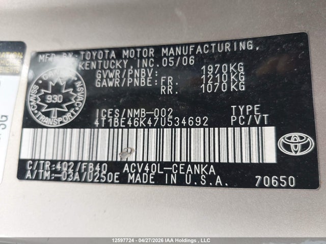 2007 Toyota Camry Ce/le/xle/se მანქანა იყიდება აუქციონზე, vin: 4T1BE46K47U534692, აუქციონის ნომერი: 12597724