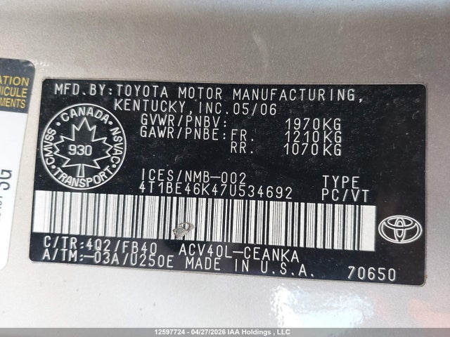 2007 Toyota Camry Ce/le/xle/se მანქანა იყიდება აუქციონზე, vin: 4T1BE46K47U534692, აუქციონის ნომერი: 12597724