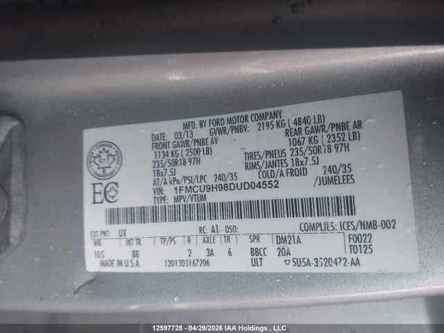 12597728 :رقم المزاد ، 1FMCU9H98DUD04552 vin ، 2013 Ford Escape Sel مزاد بيع