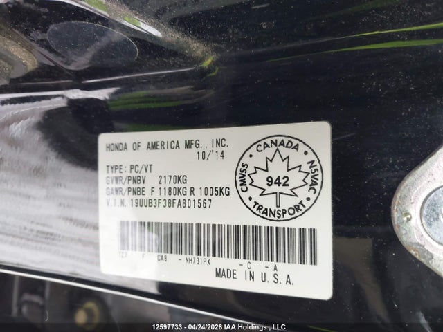 12597733 :رقم المزاد ، 19UUB3F38FA801567 vin ، 2015 Acura Tlx مزاد بيع