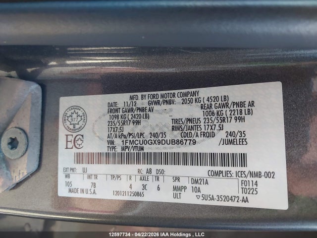 Продажа на аукционе авто 2013 Ford Escape Se, vin: 1FMCU0GX9DUB86779, номер лота: 12597734