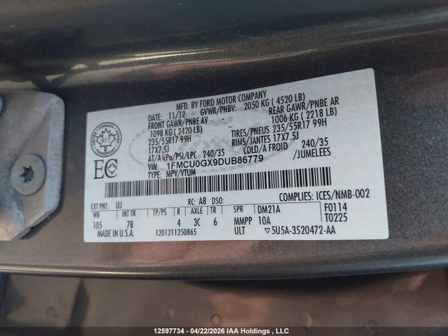 Продажа на аукционе авто 2013 Ford Escape Se, vin: 1FMCU0GX9DUB86779, номер лота: 12597734