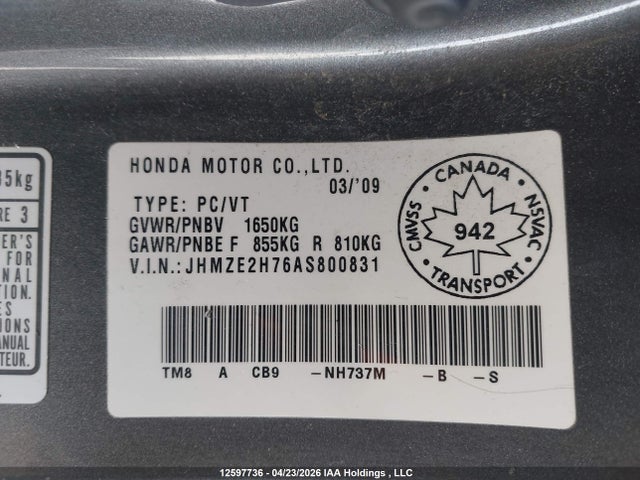 Aukcja sprzedaży 2010 Honda Insight Ex, vin: JHMZE2H76AS800831, numer aukcji: 12597736
