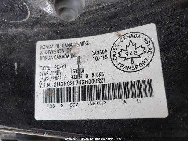 Продажа на аукционе авто 2016 Honda Civic Ex, vin: 2HGFC2F74GH000821, номер лота: 12597743