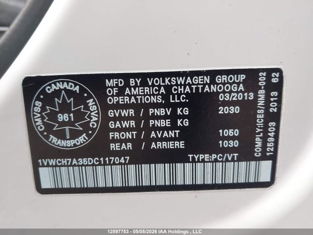 Продажа на аукционе авто 2013 Volkswagen Passat 2.5l Highline, vin: 1VWCH7A35DC117047, номер лота: 12597753
