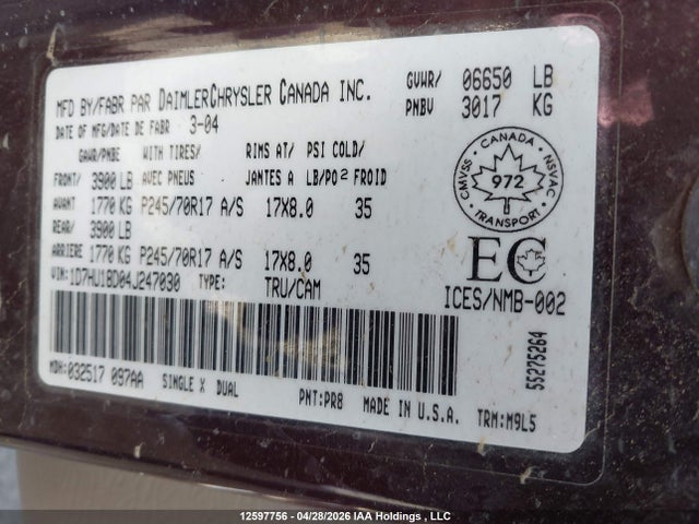 12597756 :رقم المزاد ، 1D7HU18D04J247030 vin ، 2004 Dodge Ram 1500 Slt/laramie مزاد بيع