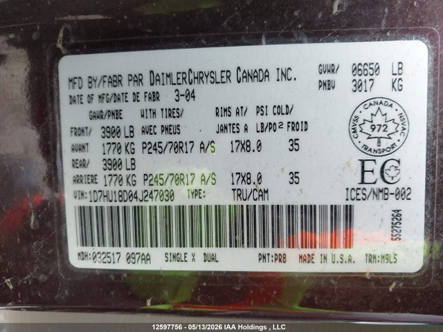 12597756 :رقم المزاد ، 1D7HU18D04J247030 vin ، 2004 Dodge Ram 1500 Slt/laramie مزاد بيع
