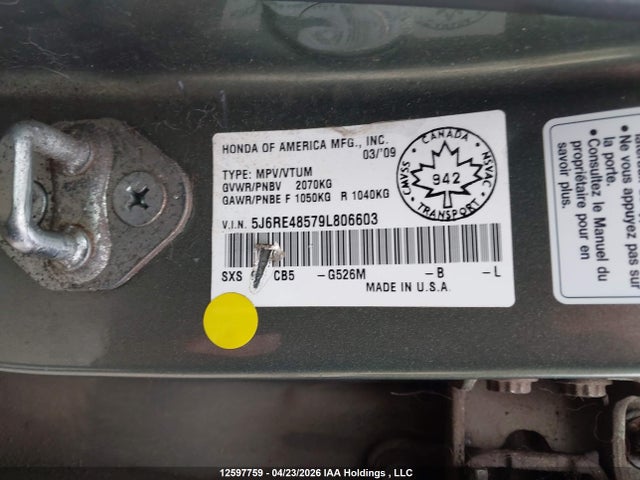 Продажа на аукционе авто 2009 Honda Cr-v Ex, vin: 5J6RE48579L806603, номер лота: 12597759