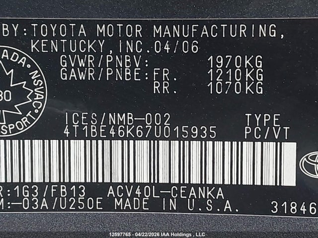 2007 Toyota Camry Ce/le/xle/se მანქანა იყიდება აუქციონზე, vin: 4T1BE46K67U015935, აუქციონის ნომერი: 12597765