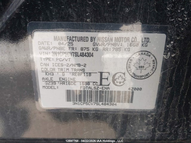 12597768 :رقم المزاد ، 3N1CP5CV7SL484304 vin ، 2025 Nissan Kicks Play Sv مزاد بيع