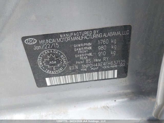 12597775 :رقم المزاد ، 5NPDH4AE4FH637125 vin ، 2015 Hyundai Elantra Gl مزاد بيع
