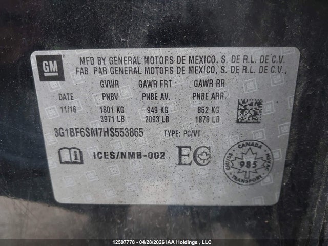 2017 Chevrolet Cruze მანქანა იყიდება აუქციონზე, vin: 3G1BF6SM7HS553865, აუქციონის ნომერი: 12597778