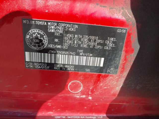 2008 Toyota Rav4 Sport მანქანა იყიდება აუქციონზე, vin: JTMBK32V085057942, აუქციონის ნომერი: 12597780