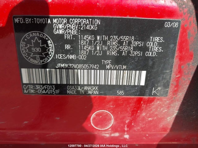 2008 Toyota Rav4 Sport მანქანა იყიდება აუქციონზე, vin: JTMBK32V085057942, აუქციონის ნომერი: 12597780
